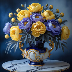 Exquisite Bouquet of Yellow and Purple Peonies in an Ornate Blue and Gold Vase