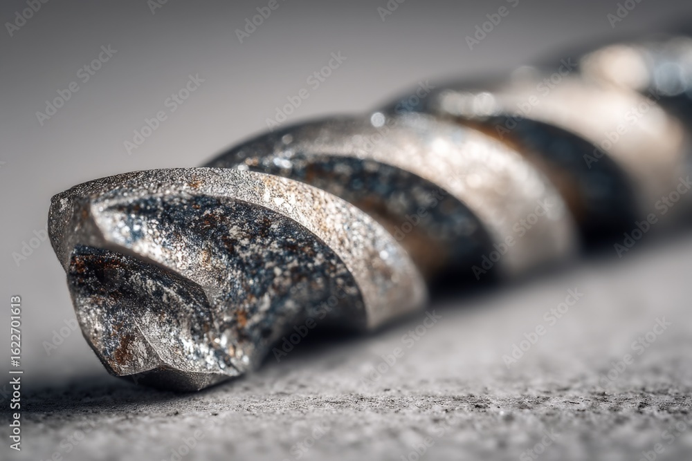 Poster close-up view of a metal drill bit showcasing intricate details and texture on a gray surface during