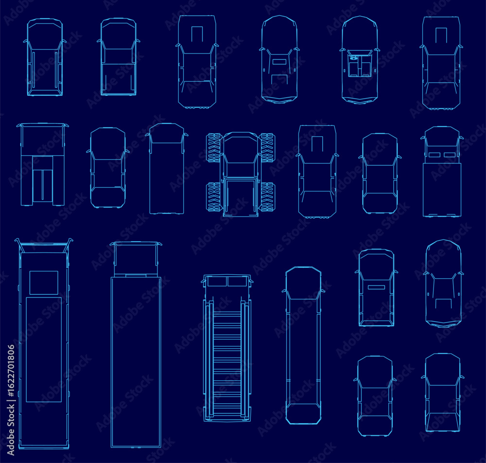 Poster low poly car set in a grid layout with distinct contour designs on a blue blueprint background. each