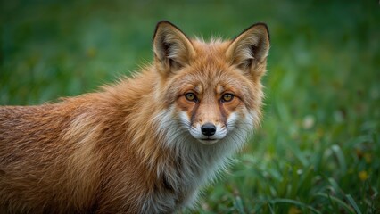 Fototapeta premium Detailed image of a red fox with a green scenery