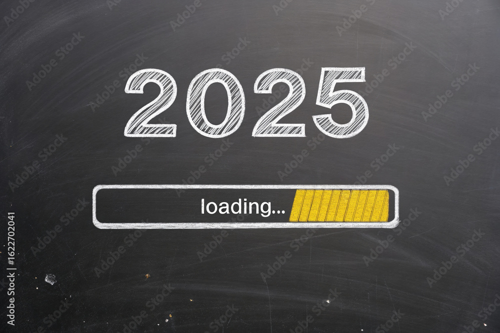 Poster chalkboard displaying 2025 with a loading bar symbolizing anticipation and future progress in techno