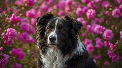 Fototapeta premium Border collie dog captured in natural floral surroundings