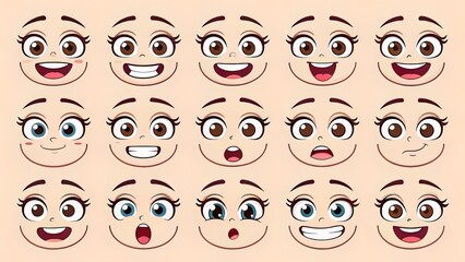 Vector grid of expressive facial elements—mouths, eyes, brows—for modular emoji or avatar design