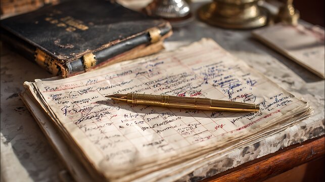 Elegant gold fountain pen resting on aged ledger with historical handwritten documents