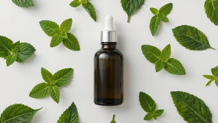 Fresh green mint leaves beside a dark glass bottle of organic essential oil with dropper on a clean white background.