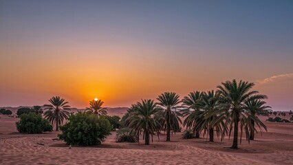 Obraz premium Vibrant desert sunset over an oasis with lush palms and rolling dunes