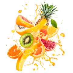 Vibrant Fresh Tropical Fruits Assortment with Juice Splash on White Background