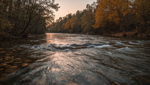 Gently curving waterway passes through an autumnal forest, reflecting the vivid colors of the trees above.