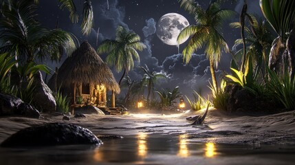 Tropical Paradise: Moonlight Beach Scene with Thatched Hut and Palm Trees