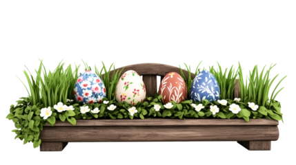 Colorful decorative eggs surrounded by grass and flowers on a bench