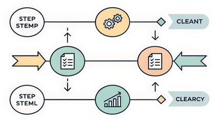 Flat vector diagram with rounded shapes and directional arrows, illustrating business workflow steps clearly