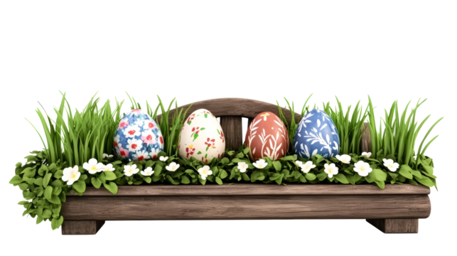 Colorful decorative eggs surrounded by grass and flowers on a bench