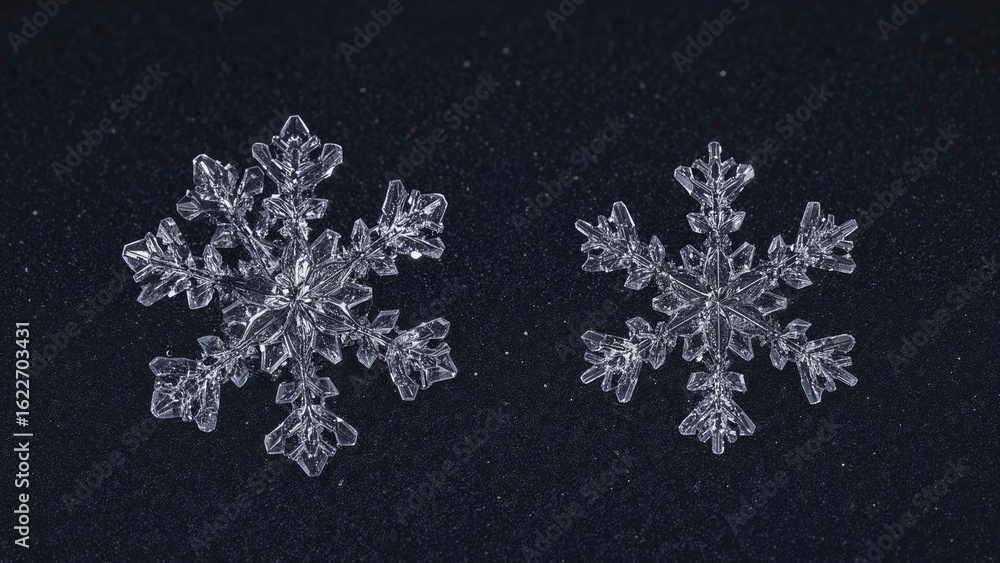 Poster detailed macro shot of dual snowflakes with complex stellar dendrites and elegant internal hexagonal