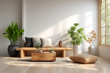 Modern living room with wooden furniture and indoor plants in a bright, sunlit space