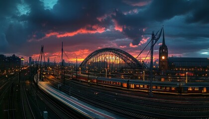 Obraz premium Vibrant City Railway Hub with Trains at Sunset, Captivating Night Skyline for Travel Promotion