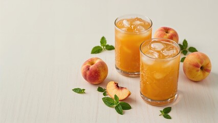 Refreshing apricot and peach beverages served in glasses with ice, placed next to a juice jar and scattered fruits and mint leaves, on a pale wooden table with negative space.