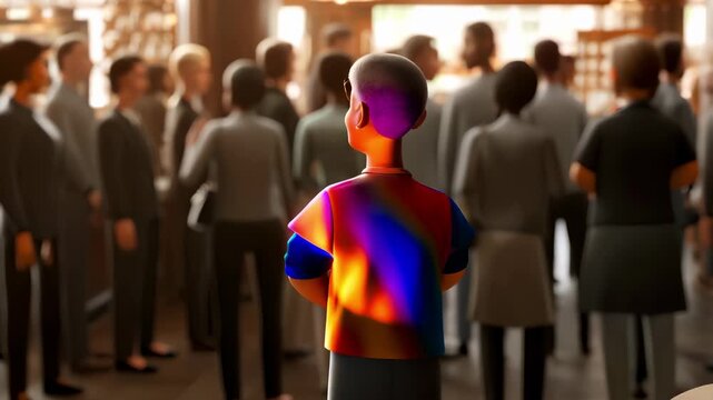 cartoon group of gray and boring people are standing in a room, with bright woman with short hair in one of them stands apart from everyone. concept of vibrant personality and individuality. animation