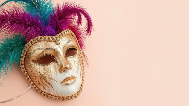 Vibrant Purim carnival decor. Celebration banner for Jewish Purim and Mardi Gras, showcasing a golden Venetian ball mask against a pastel background