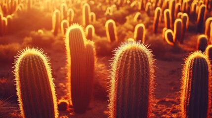 Golden Hour Cactus Field: Desert Landscape Bathed in Warm Sunlight