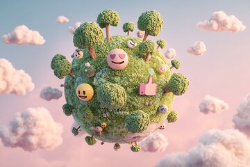 Whimsical 3D planet pops with cute emojis and trees, set against a dreamy pastel sky and fluffy clouds