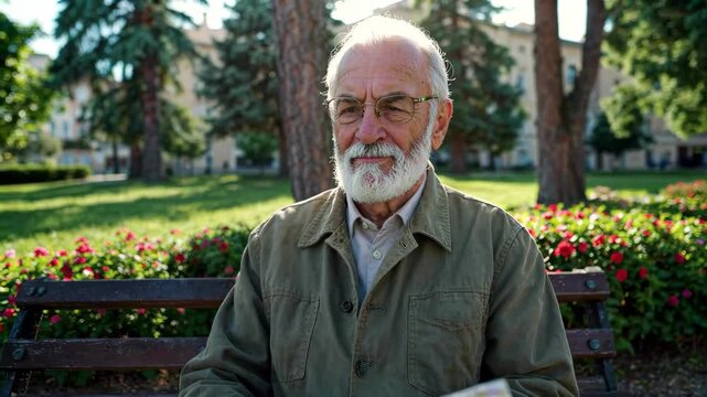 Old man holding a map on a park bench Old man on a park bench