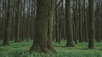 Obraz premium Mossy woodlands thrive in chilly climates, allowing lichens to develop on bark during the warmer seasons, showcasing vibrant greenery and natural light.