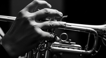 Fototapeta premium Close-up of a hand playing a trumpet, black and white.