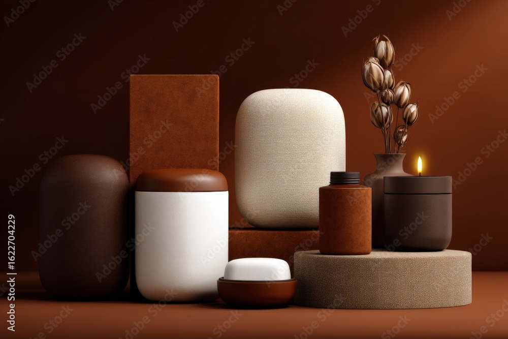 Poster decorative home display of various ceramic and textile objects in warm earthy tones arranged on a si