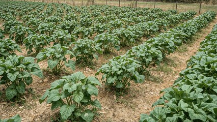 Many potato plants reaching maturity in a countryside farm garden in early summer