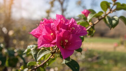 Magenta-colored blossoms on thorny ornamental vines and bushes from the Nyctaginaceae plant family