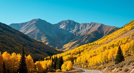 Winding road through a mountain valley with colorful autumn foliage. Scenic landscape and nature travel concept. Perfect for scenic road trip advertisement.