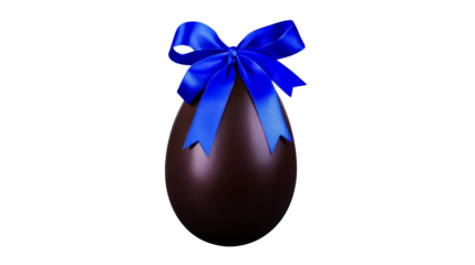 Chocolate egg with blue ribbon resting on transparent background