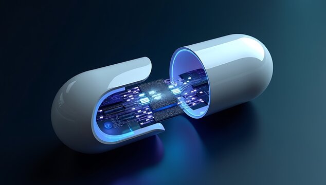 3D render of a futuristic pill capsule that splits open to reveal a microchip and nanobots inside, symbolizing smart medicine and nano-technology.

