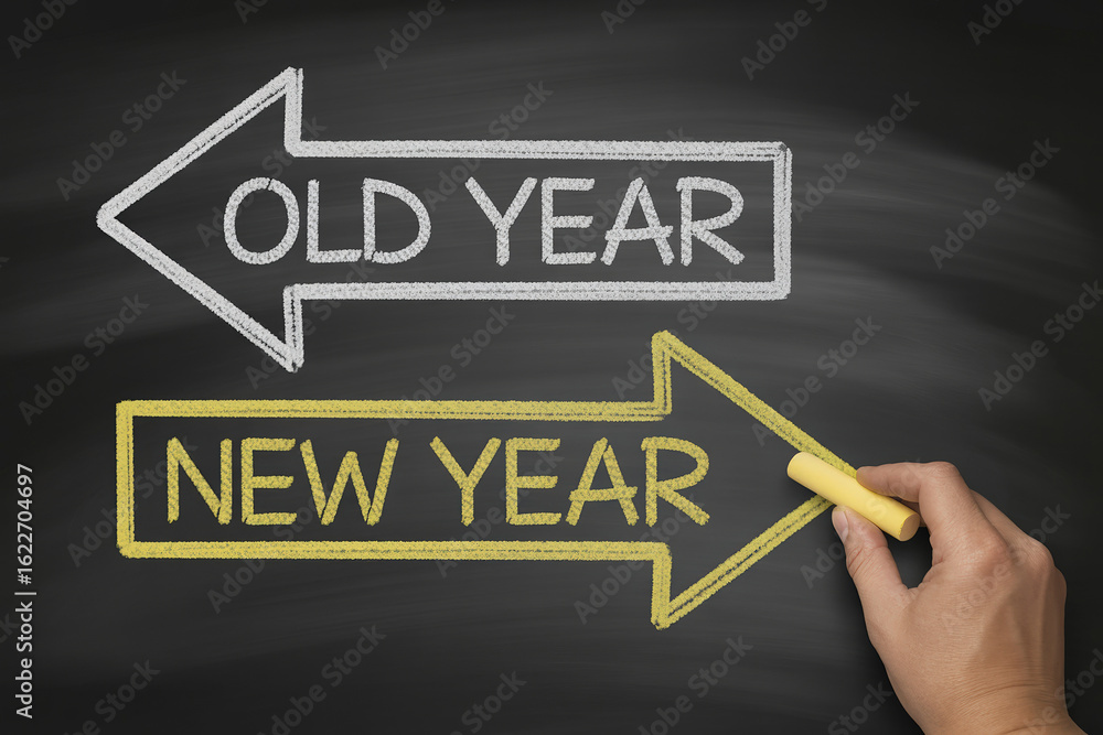 Poster conceptual chalkboard art depicting old year and new year with arrows showing transition and future 