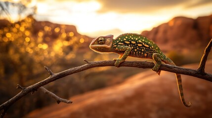 Golden Hour Chameleon on a Branch, Desert Sunset