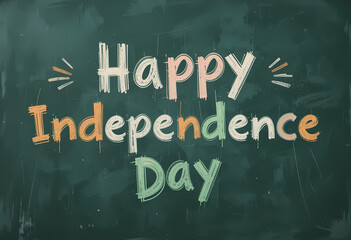 Chalkboard Style "Happy Independence Day" Text with Tricolor Letters Hand-Drawn Typography on Green Blackboard for School Themes Illustration for Banners, Posters, and Educational Content
