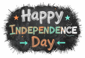 Chalkboard Style "Happy Independence Day" Text with Doodles Hand-Drawn Typography in Indian Flag Colors and Rustic Texture Illustration for Creative Posters, Banners, and School Projects