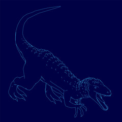 A blue line drawing of a T-Rex with detailed scales, sharp teeth, and a long tail. The dinosaur's wide eyes and menacing stance stand out against the plain blue background.
