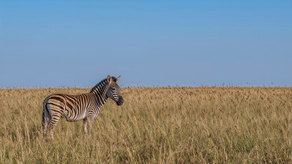 Fototapeta premium Expansive tall grassland at dusk with a solitary Grant's Zebra under a clear blue sky. Open space for text. Adventure and wildlife exploration.