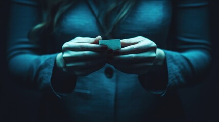 Mysterious Hands Holding Small Paper, Dramatic Lighting, Moody, Teal Tones.