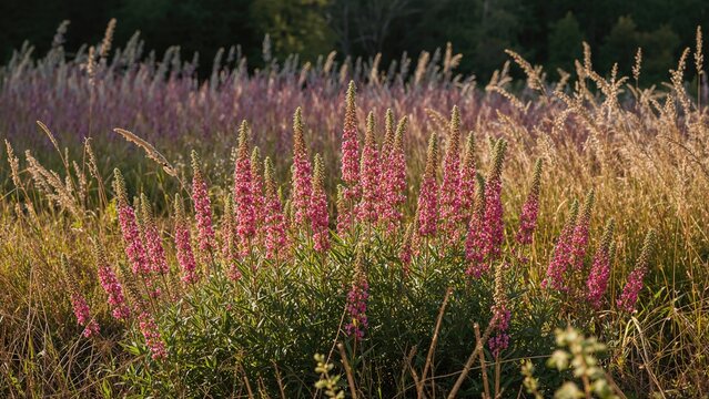A cluster of beautiful rosebay willowherbs flowering under the evening glow
