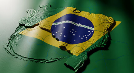 Stylized image of Brazil's map overlaid with its national flag colors and textures, creating a three-dimensional effect.