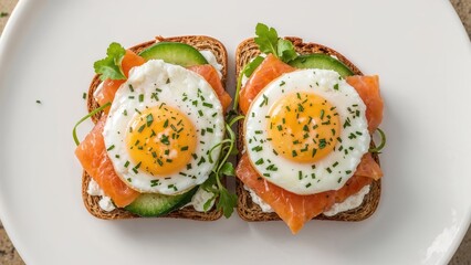 Healthy fish sandwich with salmon, smooth cream cheese, tender egg, and vibrant vegetables and greens. Protein-rich choice for breakfast or brunch, viewed from above with copy space.