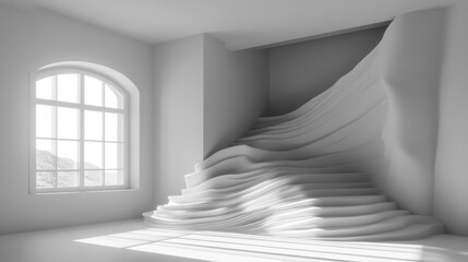 Sculptural White Staircase in Minimalist Room, Sunlight Through Arch Window