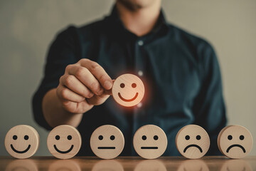 Customer Satisfaction Survey with Wooden Smileys and Hand Selecting Positive Feedback