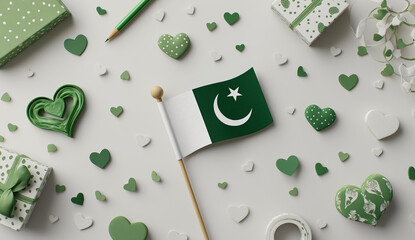Pakistani flag flying on a white background with green hearts, a lively theme for the Day of National Day