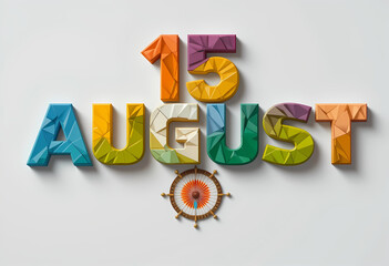 Low-Poly "15 AUGUST" Text with Indian Flag Colors and Chakra Modern Polygonal Typography for Indian Independence Day Illustration for Posters, Banners, and Artistic Digital Designs