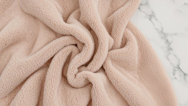 Luxurious plush material with a thick pile arranged in graceful folds on a sleek marble backdrop. Ample copy area. Subtle flat lay design.