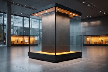 Modern art installation displayed in a minimalist gallery with illuminated exhibit