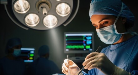 Focused surgeon performs precise operation in high-tech medical facility under surgical lights